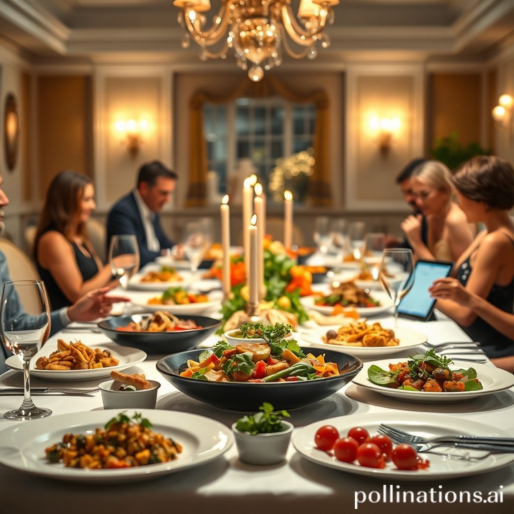 Elegant dinner party setting with gourmet food