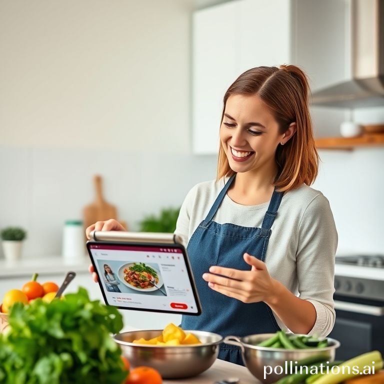 Woman happily cooking at home with AI assistant