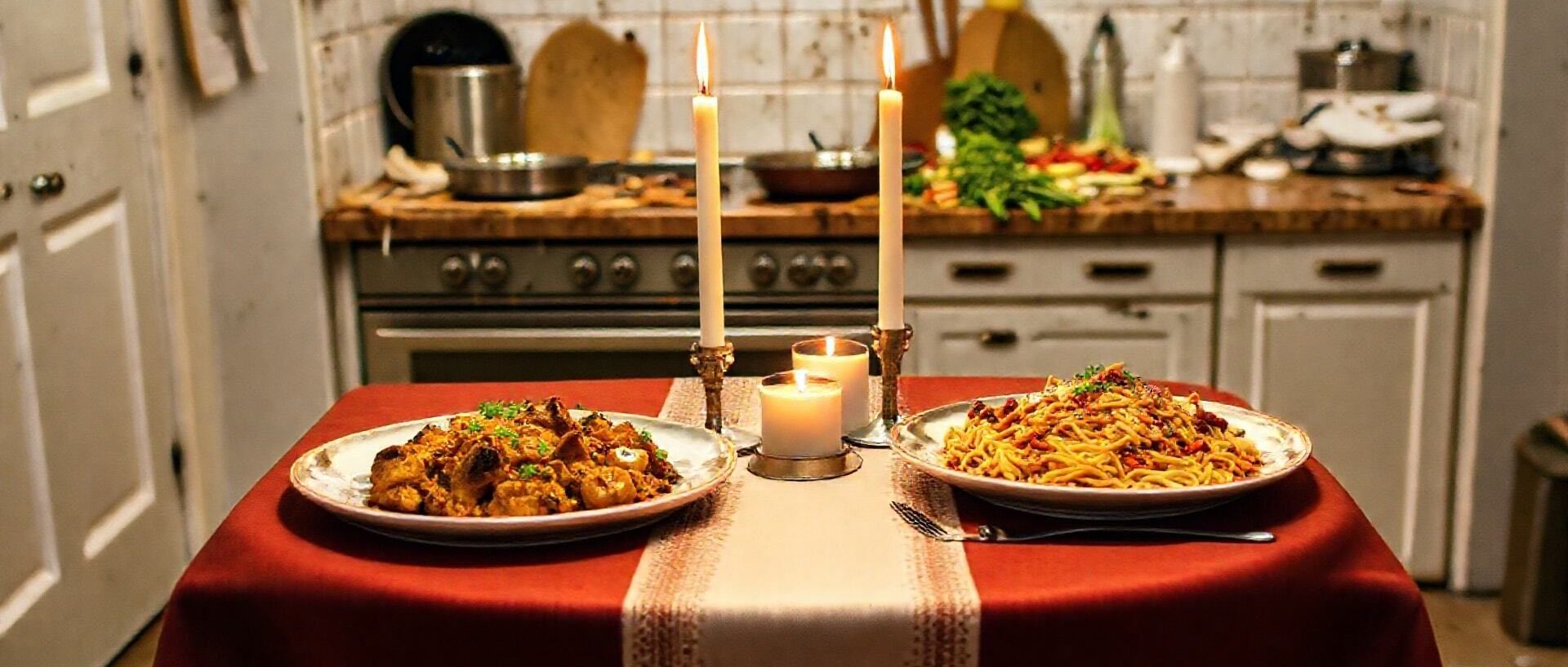 Dining table with table cloth and delicious dishes