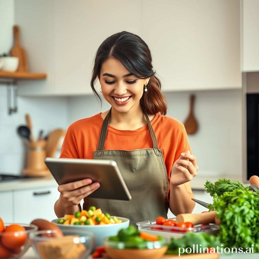 Woman learning to cook with AI assistant