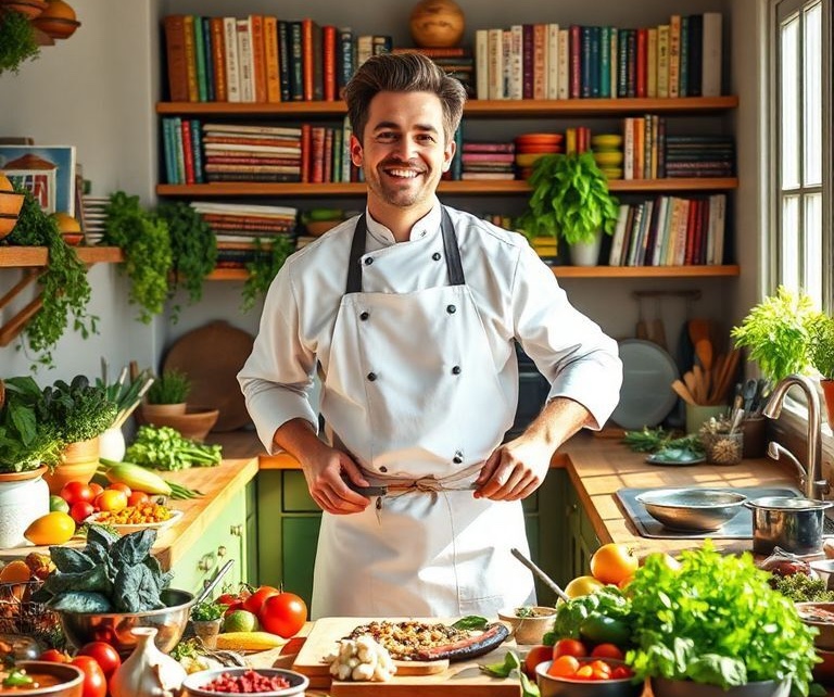 A chef in the kitchen with many ingredients