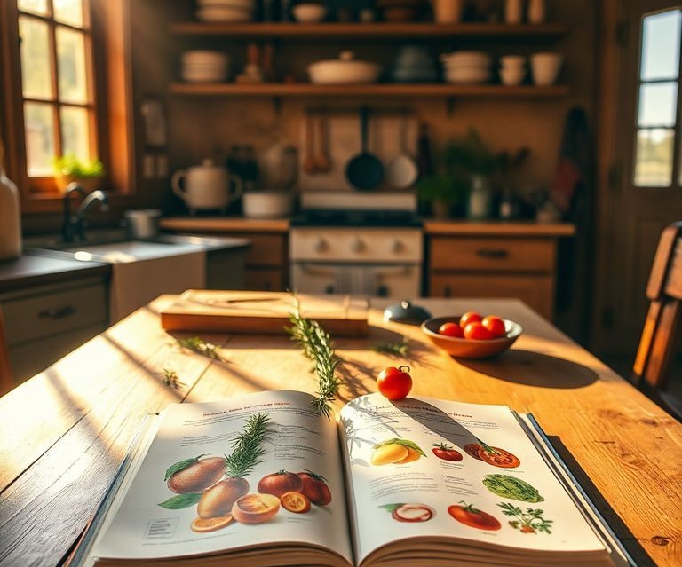 A cook book on a kitchen table